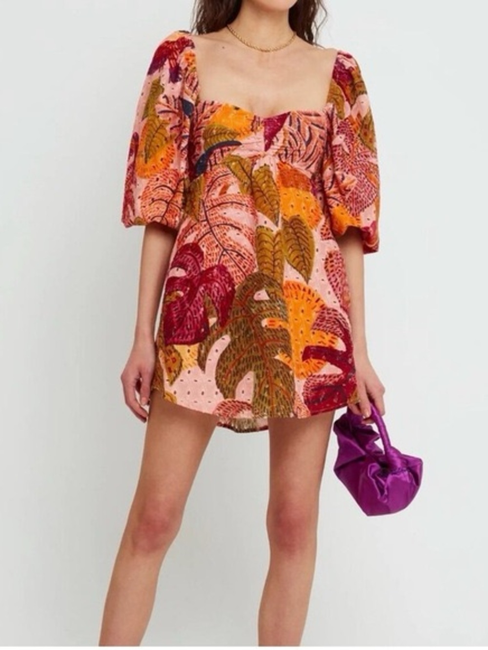 Kourt Robbie Palm Eyelet Puff Sleeve Mini, Babydoll Dress sz Small